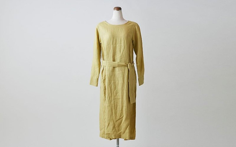 Enrica × Kagure linen one piece (Yellow) - ชุดเดรส - ผ้าฝ้าย/ผ้าลินิน สีเหลือง