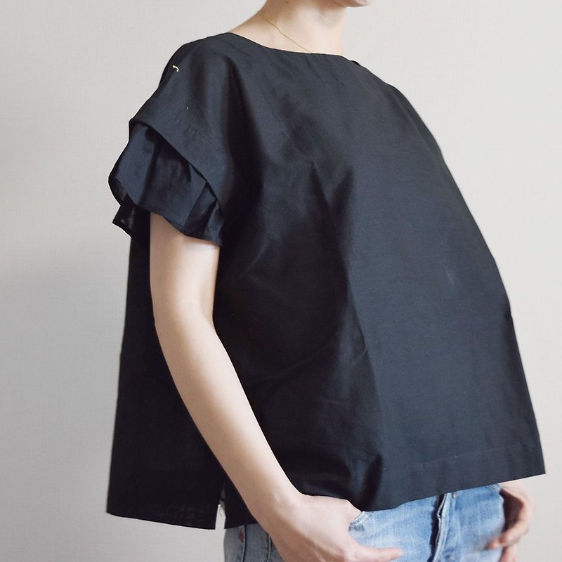 Cotton voile 2WAY sleeve frill blouse black plain made-to-order - Women's Tops - Cotton & Hemp Black