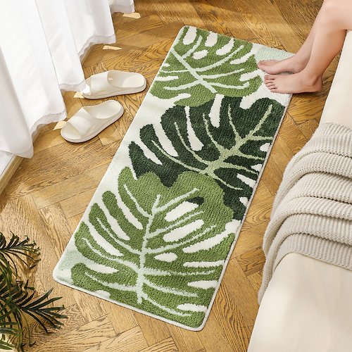 feblilac 可愛綠色龜背竹床邊地墊 植絨柔軟防滑腳墊 臥室客廳超長浴室地墊