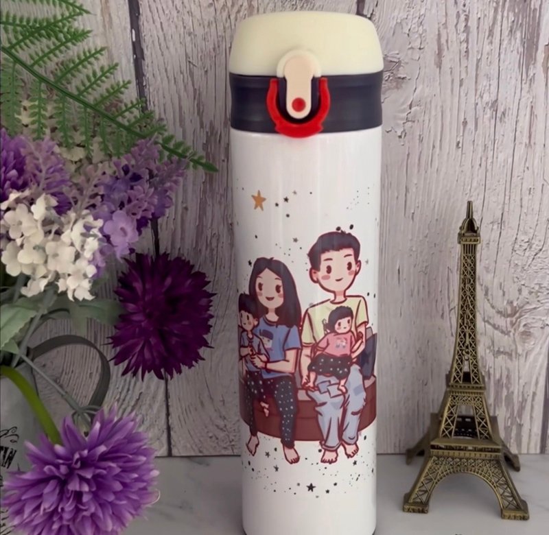 When the family portrait is painted to look happy [QQ style] Customized thermos bottle for family commemorative gifts - Vacuum Flasks - Stainless Steel Purple