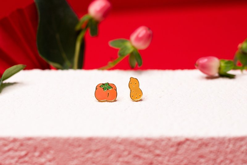 好事發生 柿子 花生 新年禮物 低敏鋼針 生日禮物 紙盒包裝 - 耳環/耳夾/耳骨夾 - 琺瑯 橘色