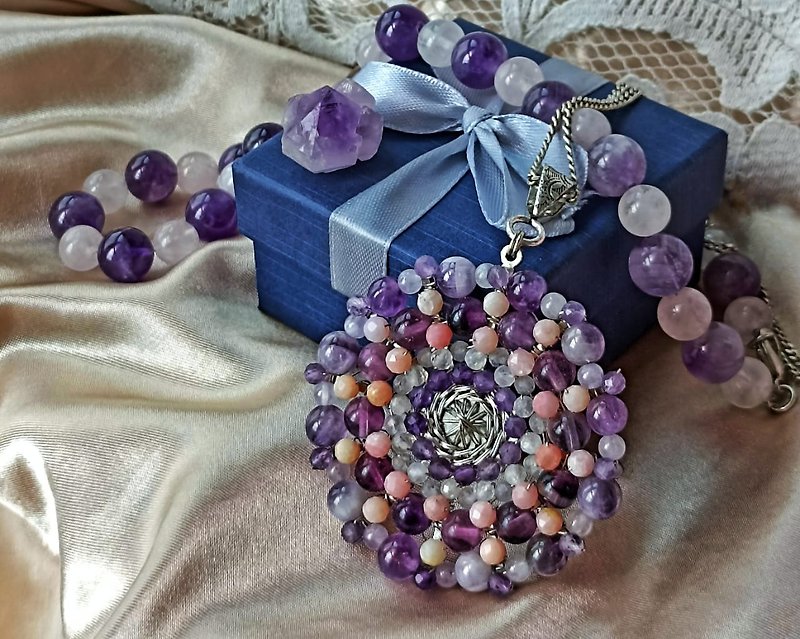 jewelry mandala pendant made of natural stones luxury for every woman - Necklaces - Gemstone Purple