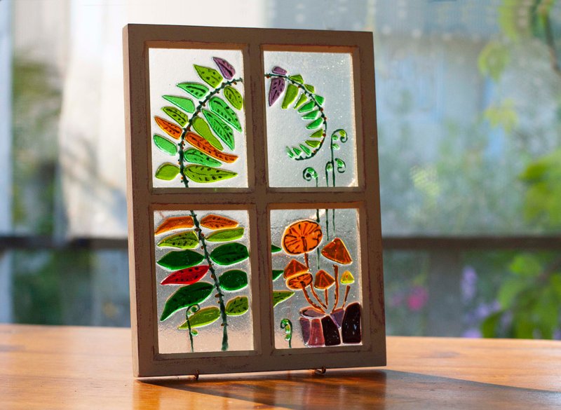 Window to the forest. Ferns and mushrooms. Glass decor in a frame. Glass piece - Items for Display - Glass Green