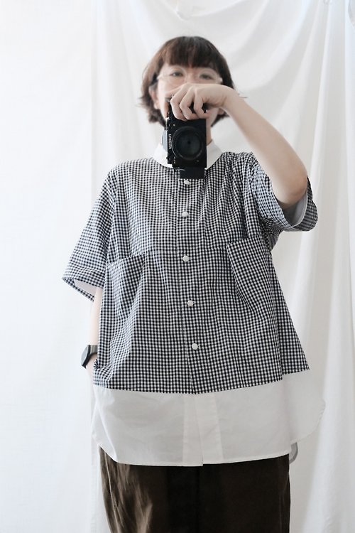 AMERRYHEART寬寬製造 黑白中格拼接 寬版短袖襯衫