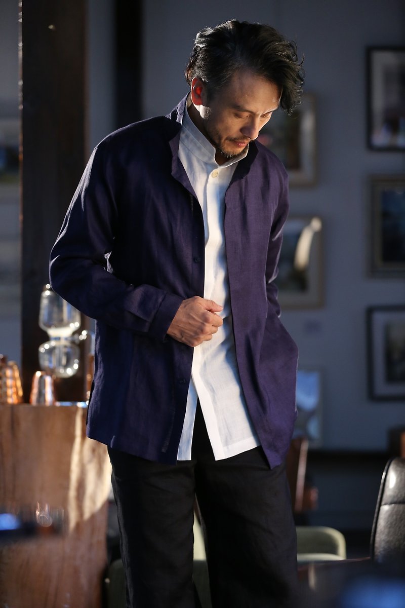 Men&#39;s Linen Stand Collar Shirt Top Modern Zhongshan Suit Taiwan Gentleman Literati Clothing - Blue