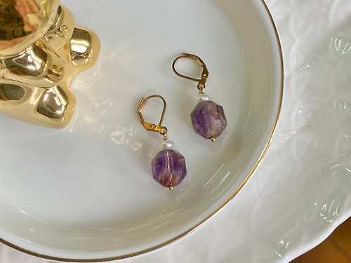 鯨象手作 Jing-Siang Handmade Jewelry 天然紫幽靈水晶珍珠耳環
