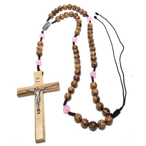 Holy Land blessing 來自聖地的祝福 以色列進口橄欖木耶穌十字架粉晶念珠(10mm)念珠#8231002