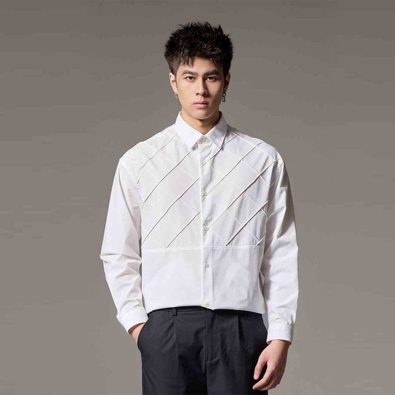 Rhomboid design long sleeve shirt men's loose casual shirt - เสื้อเชิ้ตผู้ชาย - เส้นใยสังเคราะห์ ขาว