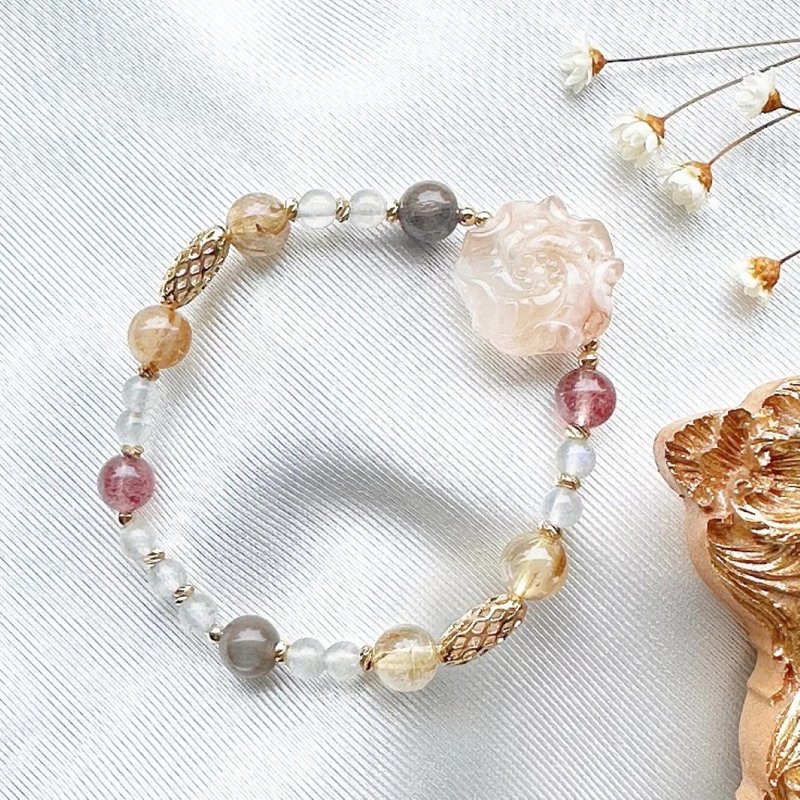 春聲・花夢 櫻花瑪瑙 牡丹花手鍊 天然石手串 草莓晶 太陽石 - 手鍊/手環 - 半寶石 銀色
