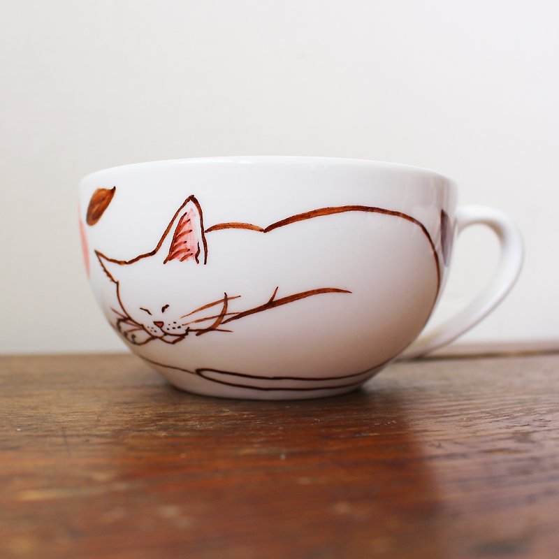 white cat with pink flowers soup mug - Mugs - Pottery Pink