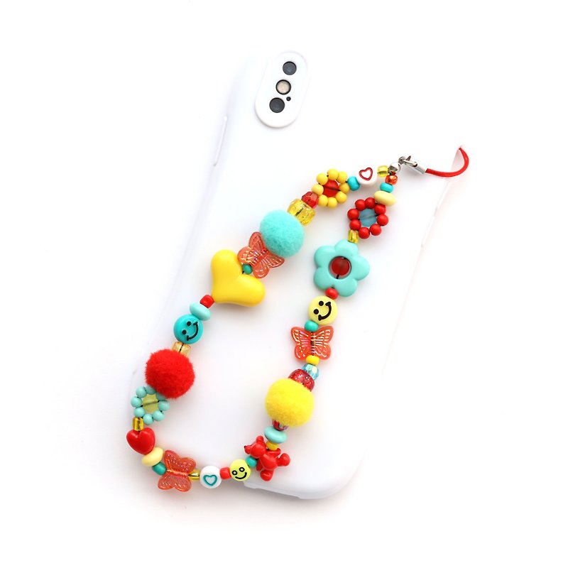 Phone strap - Red Mint Yellow smiley phone chain - phone charm - ที่ห้อยกุญแจ - เส้นใยสังเคราะห์ หลากหลายสี
