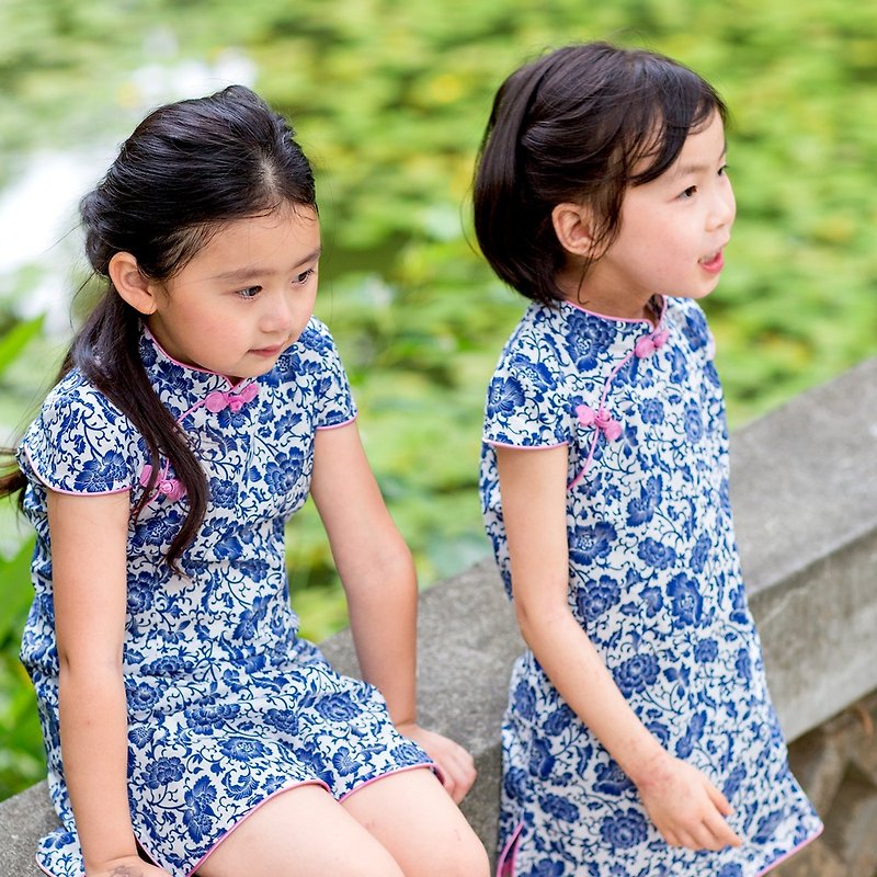 子供のチャイナドレス古代スタイルの四季インク染め青磁 - チャイナドレス - コットン・麻 