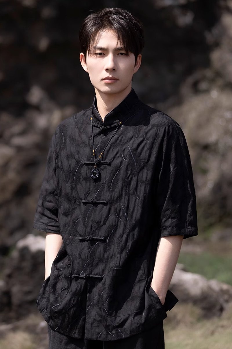 New Chinese retro buttoned short-sleeved shirt - Men's Shirts - Other Materials Black