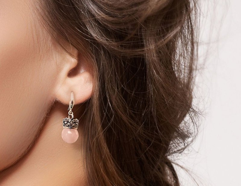 Carved Crown Round Bead Earrings-Pink Crystal 925 Sterling Silver