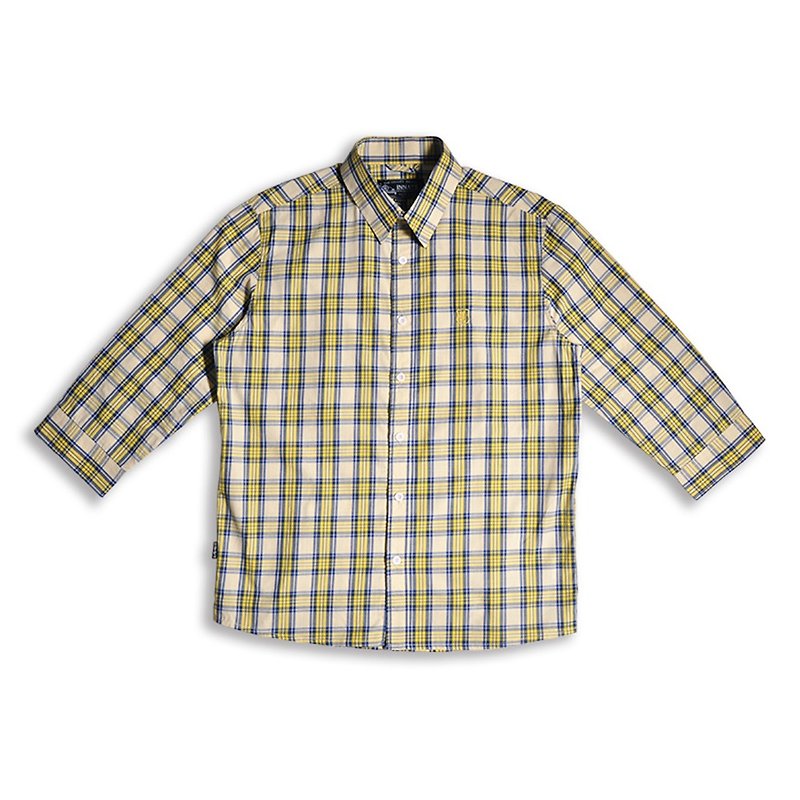 [INNATE] Slim-fit three-quarter sleeve shirt with yellow grid and blue line - Men's Shirts - Cotton & Hemp Yellow