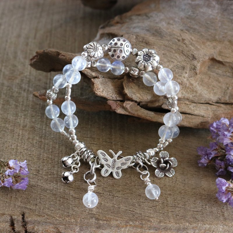 Handmade Rainbow Moonstone Flower Ladybug Bracelet with Karen Hill Tribe Silver - สร้อยข้อมือ - เงินแท้ ขาว