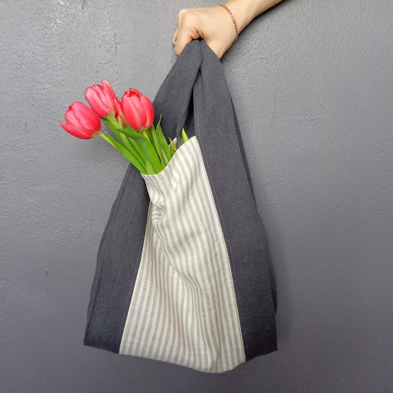 Linen striped folding shopping bag, Zero waste market tote bag - Handbags & Totes - Linen Multicolor