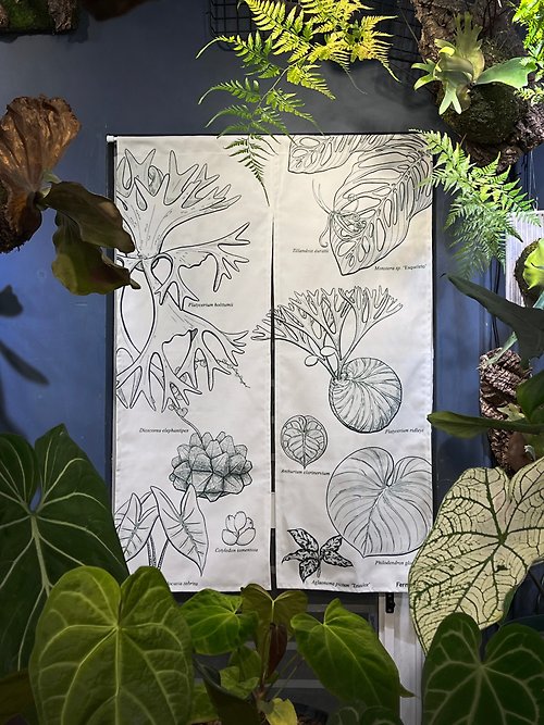 植物勇者 Fern Maker 【日式門簾】觀葉好門簾 植物插畫風格 仿麻布材質 白色/綠色