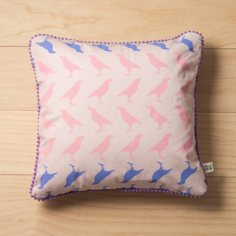 Pompom Trim Cushion Cover/Crested Myna No.5/Orchid Bloom - Pillows & Cushions - Cotton & Hemp Pink