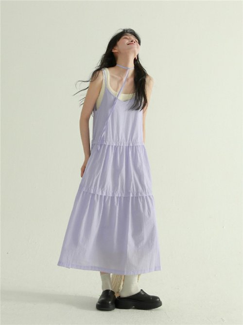 EPICRARE 紫色 雙層蛋糕裙 吊帶洋裝 寬鬆休閒甜美少女無袖連衣裙 均碼
