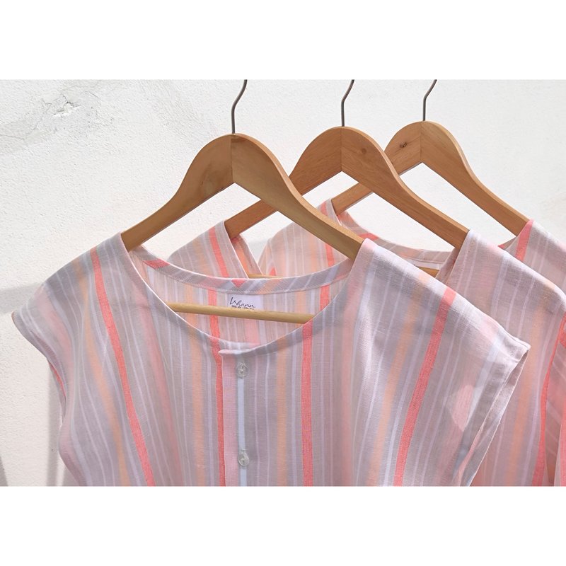 Cotton | Round neck, striped, sleeveless shirt - 女上衣/長袖上衣 - 棉．麻 橘色