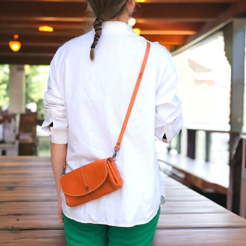 Long wallet pochette / Tall size that can hold a passbook / Name possible / Made in Japan / sb- 10 [Customizable gift] - Messenger Bags & Sling Bags - Genuine Leather Orange
