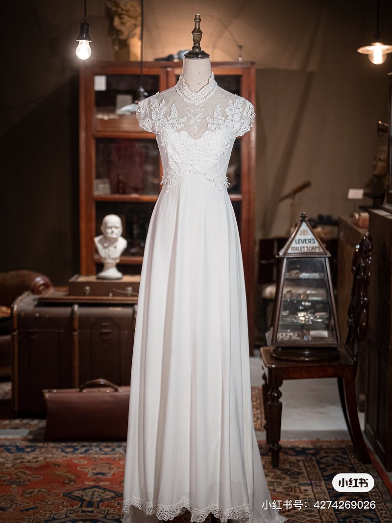 70s vast style vintage wedding dress - Evening Dresses & Gowns - Cotton & Hemp White