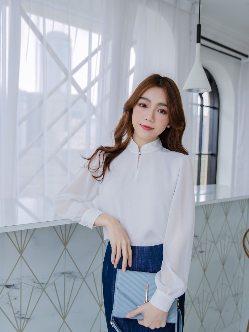 White chiffon stand collar V-neck two-way long-sleeved top/shirt shirt cuffs - Women's Tops - Other Materials White