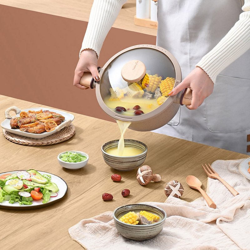 【Taste Plus】Yuewei Yuanmai Swiss Technology Ceramic Clay Inside and Outside Non-stick Soup Pot 22cm/3.4L - Pots & Pans - Aluminum Alloy Khaki