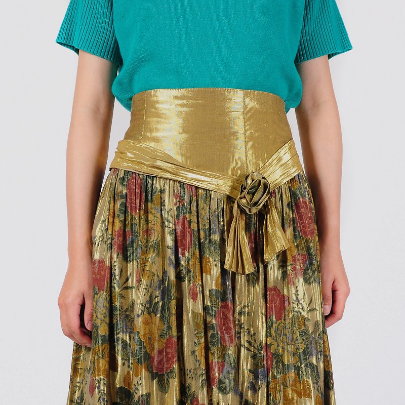 【Egg Plant Vintage】Metallic Printed High Waist Vintage Skirt - Skirts - Other Man-Made Fibers Gold