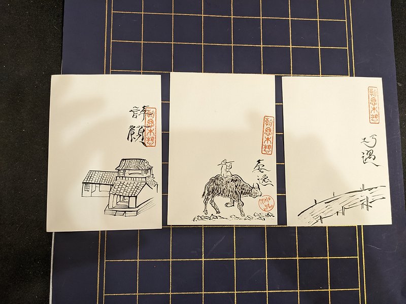 Hand-drawn on Old Postcards, one set three cards #13,14,15 - Cards & Postcards - Paper Black