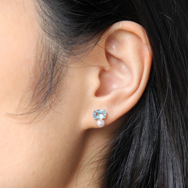 天然海水藍寶石日本akoya海水珍珠18K耳環 彩色寶石耳釘 - 耳環/耳夾 - 寶石 藍色