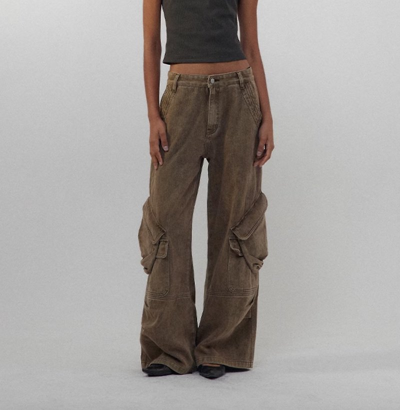 Diagonal split cargo jeans - กางเกง - ผ้าฝ้าย/ผ้าลินิน สีนำ้ตาล