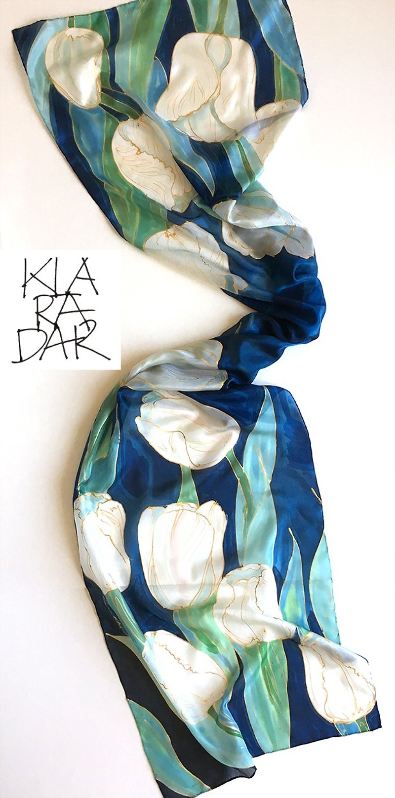 Navy Tulips Silk Scarf Hand Painted - Scarves - Silk Blue