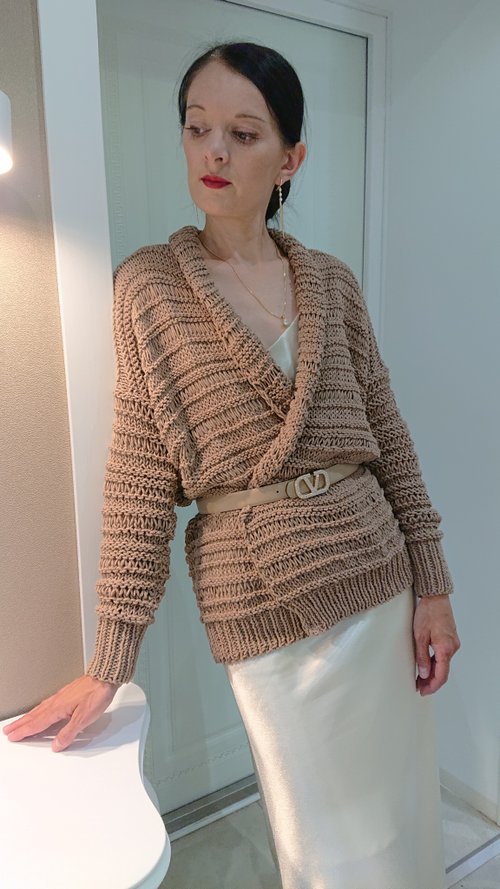 Rib knit cardigan sweater for women Brown hand knit kimono