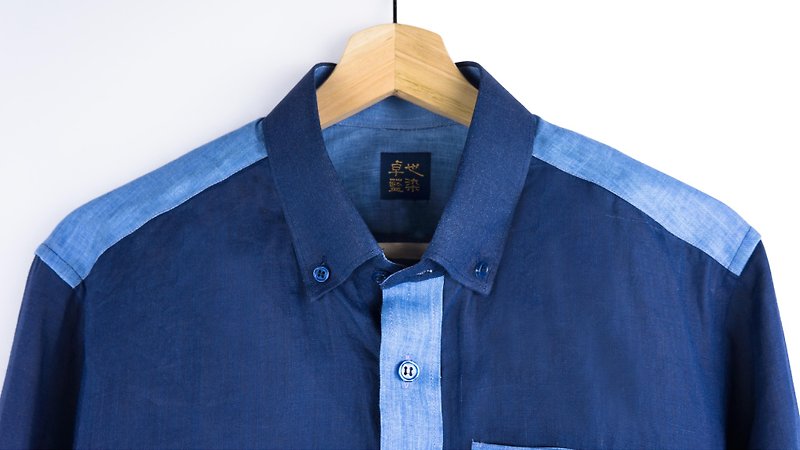 Zhuo Ye Blue Dye-Stitching Ramie Shirt