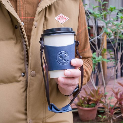 Handiin 曲線設計 日本手縫植鞣革牛皮杯套/咖啡提袋 Made by HANDIIN