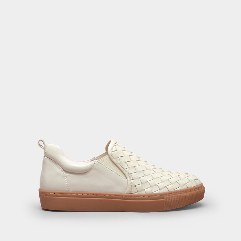 7118-7 Off-white fully woven caramel sole casual shoes - รองเท้าลำลองผู้หญิง - หนังแท้ ขาว