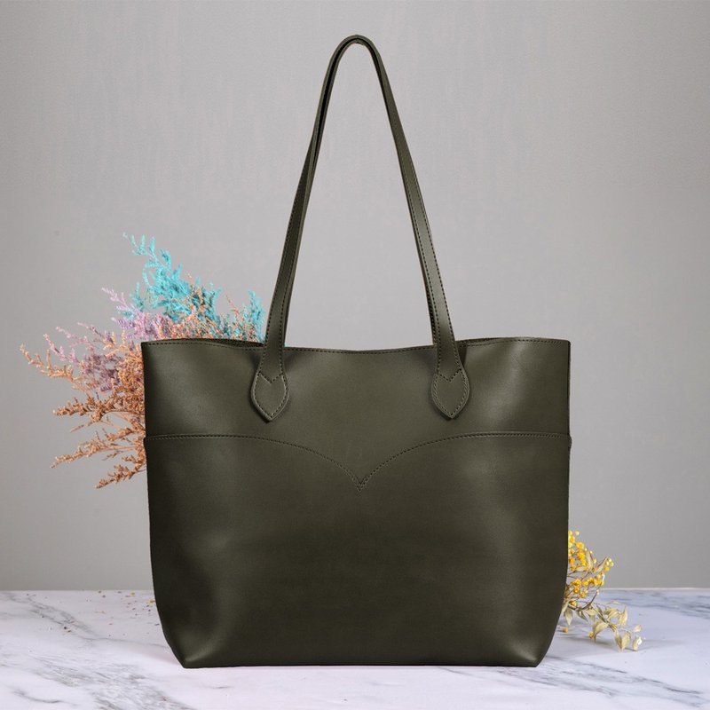 British Tote Bag - Olive Green Shoulder Gift Leather Retro College Handmade Birthday Handmade Leather - กระเป๋าถือ - หนังเทียม สีเขียว