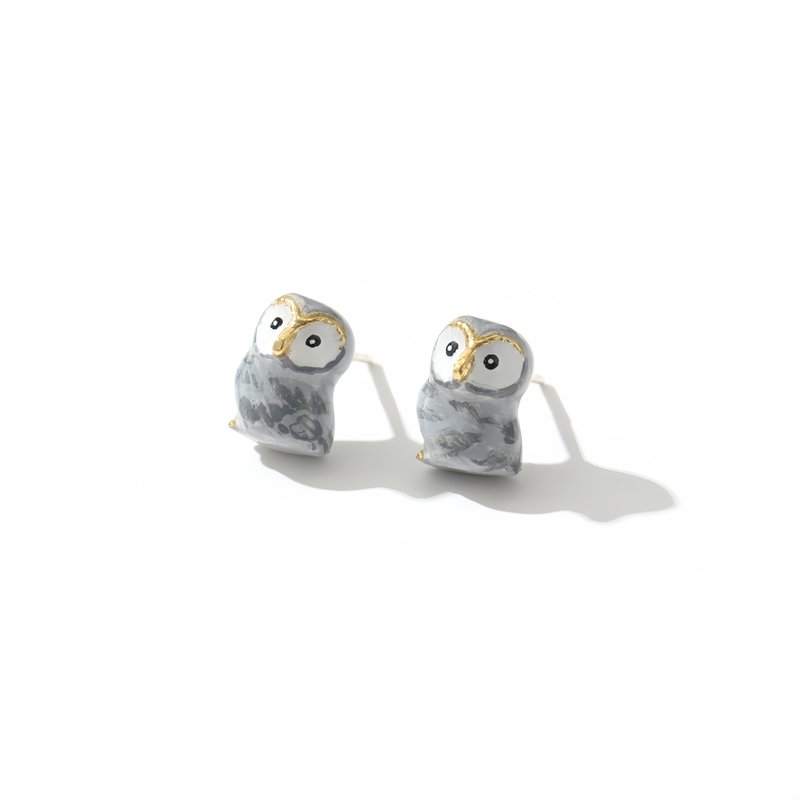 Moonlight Elf Gray Owl Painted Enamel 925 Sterling Silver Earrings - Earrings & Clip-ons - Enamel 