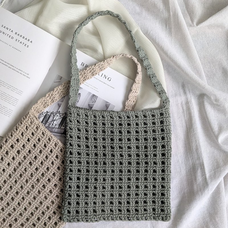 | Textured barbecue net | Crocheted shoulder bag gray green - Handbags & Totes - Cotton & Hemp 