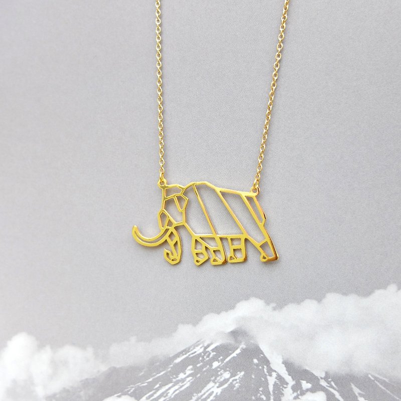 Mammoth, Origami Necklace, Dinosaur Necklace, Gold Plated Necklace, Dino gifts - สร้อยคอ - โลหะ สีทอง