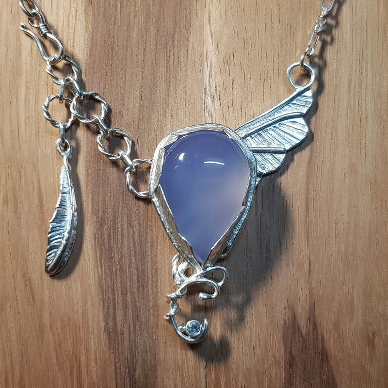 [Wingers] Handmade 925 Sterling Silver Brazilian Blue Chalcedony Stone Wing Long Necklace - Long Necklaces - Other Metals Silver