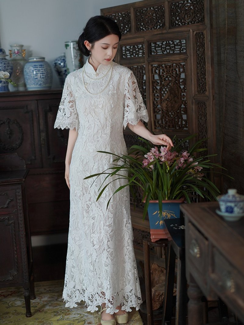 Qingyan Chinese style embroidery temperament lace cheongsam bride toast dress - Qipao - Polyester White