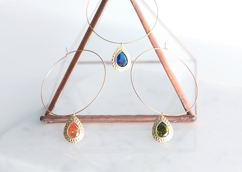 【14 KGF】 Hoop Earrings, Hammered Teardorop Glass - ต่างหู - แก้ว สีทอง