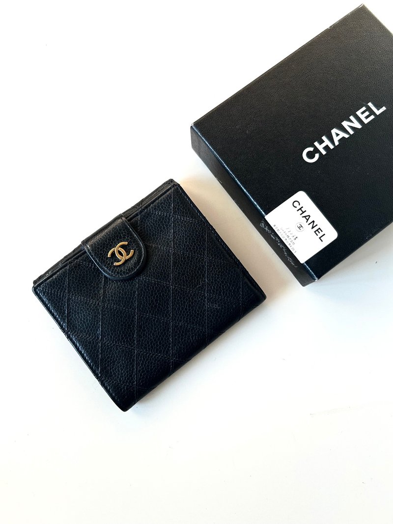 [LA LUNE] Second-hand Chanel double-sided caviar leather black short clip silver coin bag - Wallets - Genuine Leather Black