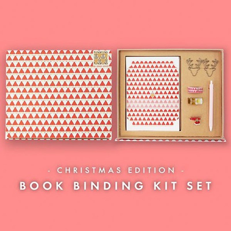 Christmas Edition Craftbook Marker Box Set- Bind Your Notebook All-In-One Kit, 2 Deer Paper Clips, 2 Masking Tape, 1 Christmas Charm & 1 Pen - Wood, Bamboo & Paper - Paper Red