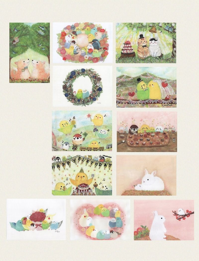 Bird, cat, dog, and rabbit postcards G set, handmade by artist - 12 pieces - Cards & Postcards - Paper Multicolor