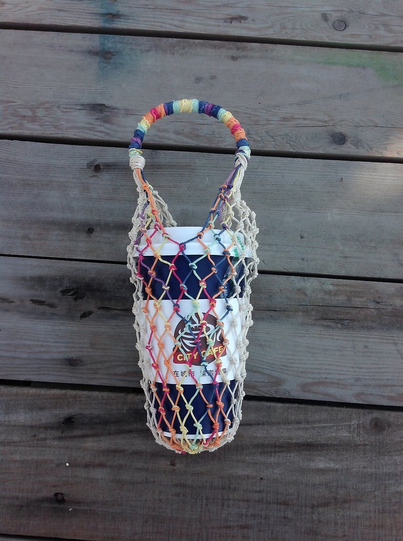 美國麻線手工編織環保袋- 原麻和彩虹系/玻璃瓶/咖啡/手搖杯 - 杯袋/飲料提袋 - 棉．麻 