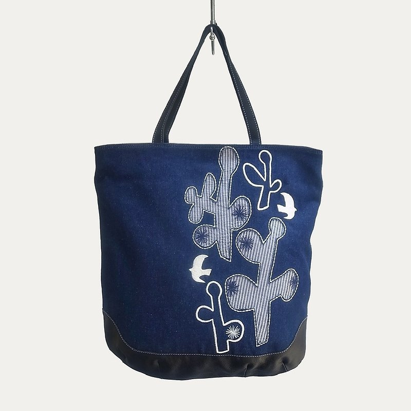 サボテンの木刺繍・四角トートバッグ - 側背包/斜孭袋 - 棉．麻 藍色